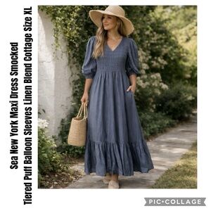 Sea New York Maxi Dress Smocked Tiered Puff Balloon Sleeves Linen Blend Size XL